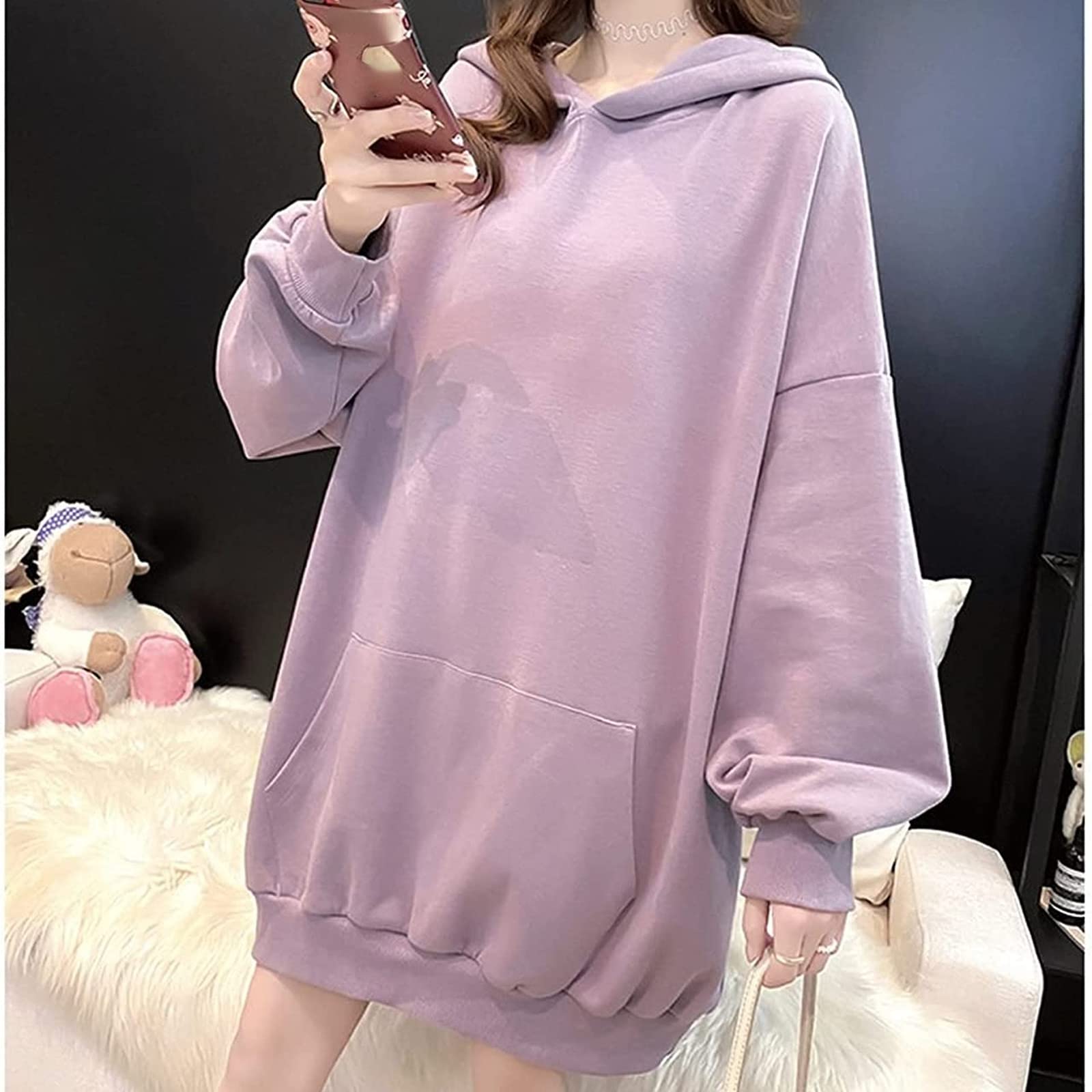 Women Kawaii Bunny Ear Hoodie Rabbit Aesthetic Cute Oversized Japanese Hooded Sweatshirt Long Sleeve Top Fall Winter (Purple,XL,X-Large)