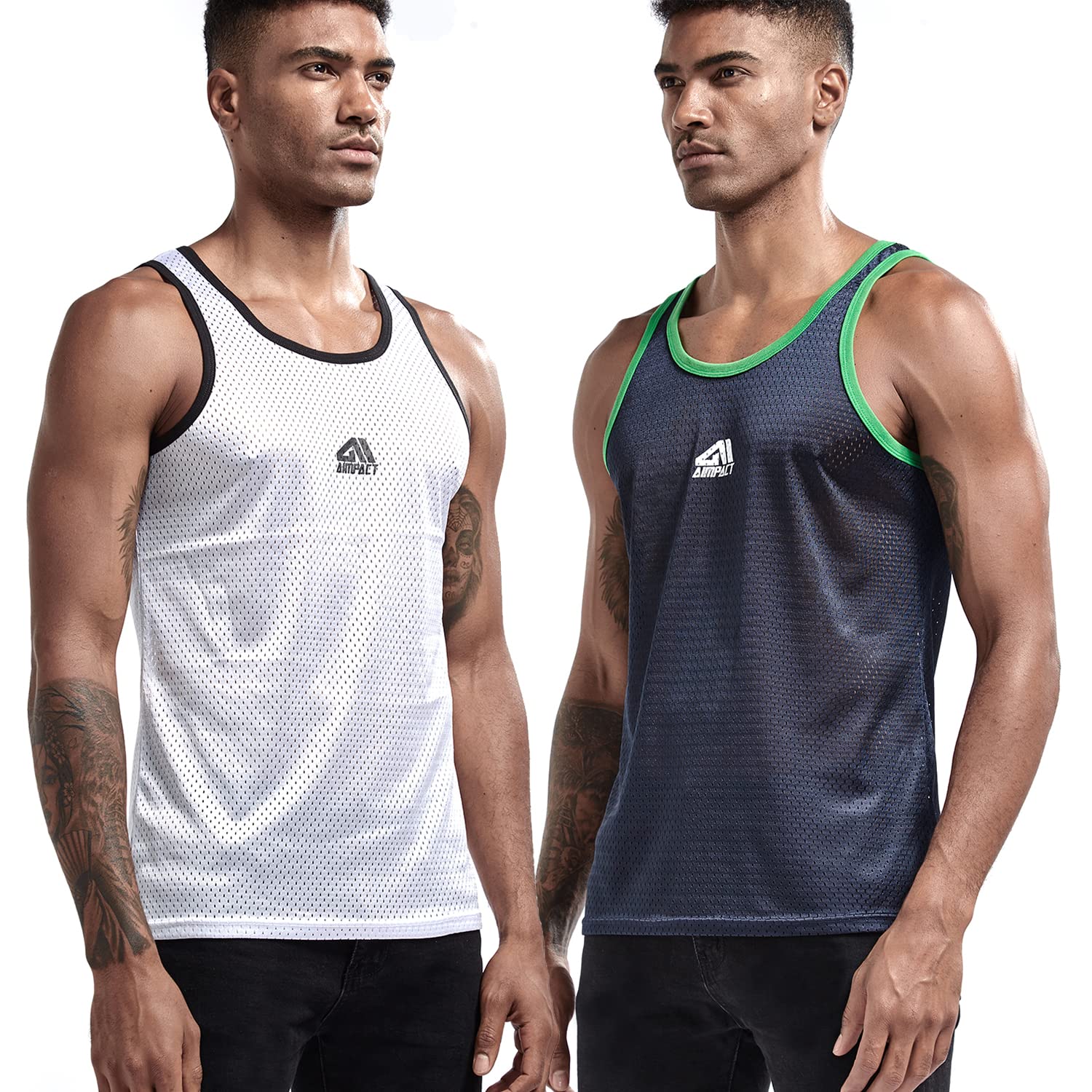 AIMPACT Men Athletic Workout Tank Tops Mesh Quick Dry Fitness Running Gym Muscle Sleeveless Shirts WhiteDarkBlue M