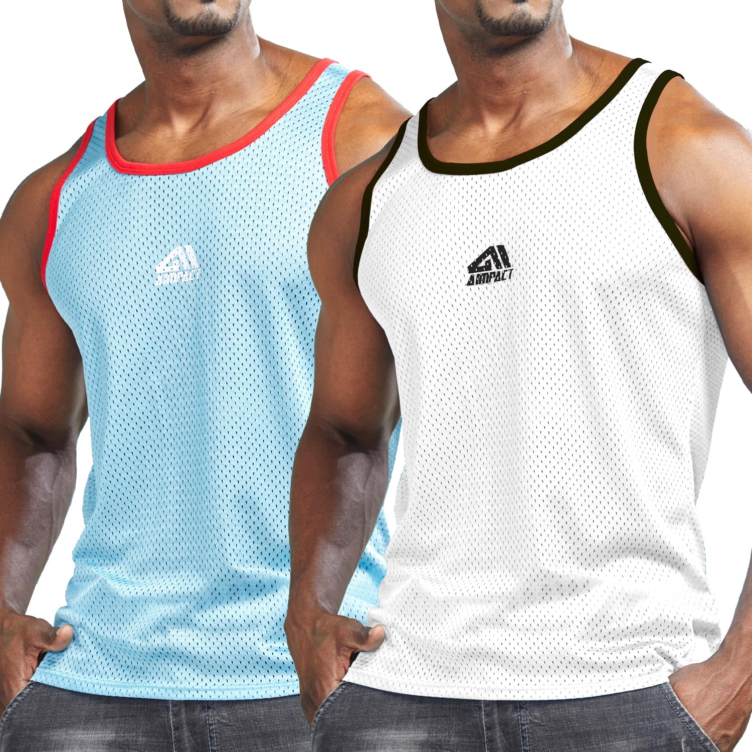 AIMPACT Men Athletic Workout Tank Tops Mesh Quick Dry Fitness Running Gym Muscle Sleeveless Shirts WhiteBlue L