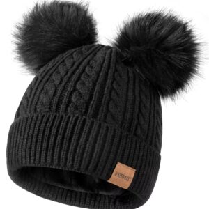 Beanies Women with Double Pom Pom, Winter Hats for Women Cold Weather Warm Cable Knit Fleece Lined, Cute Beanie Cap for Daily Use(Black)