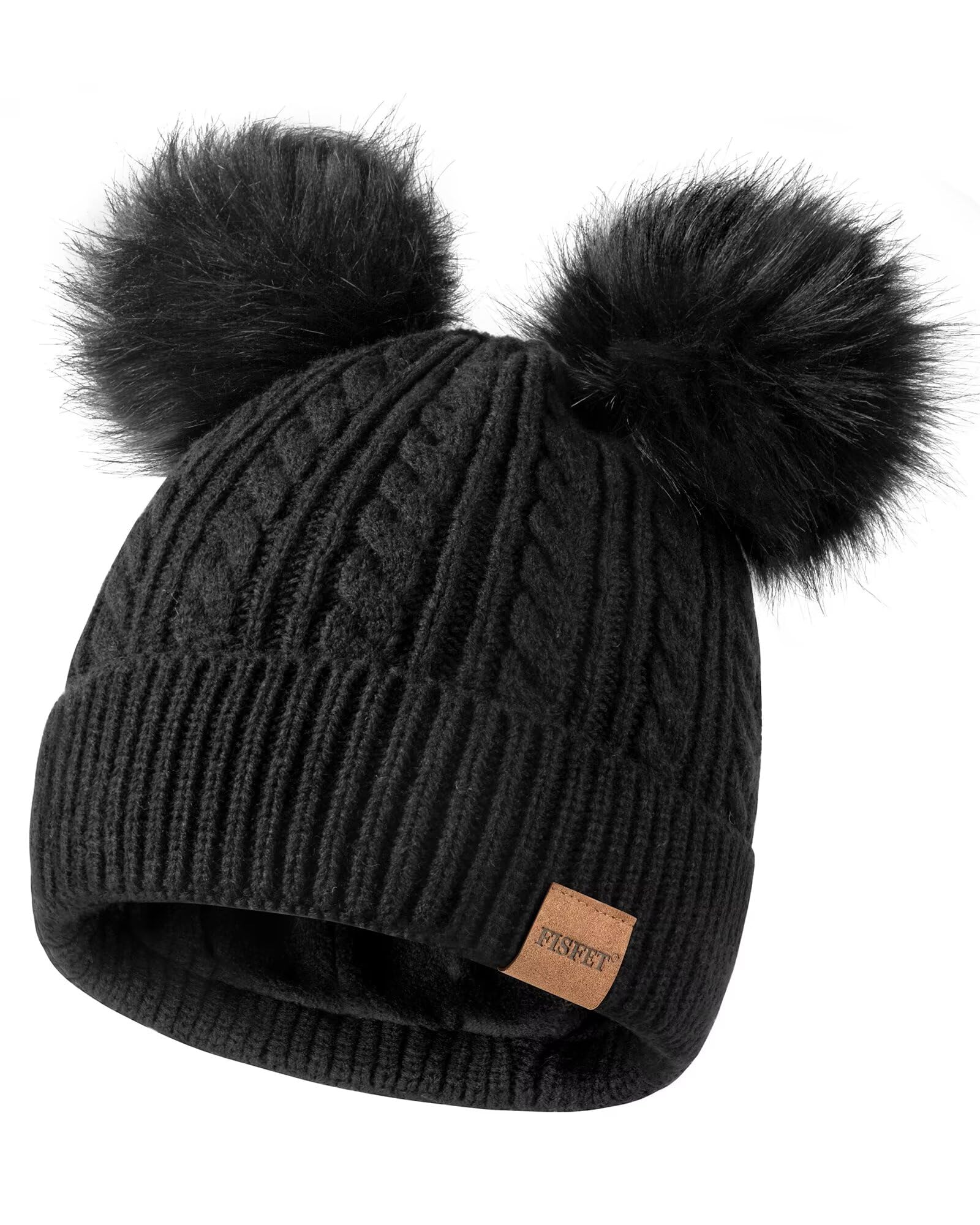 Beanies Women with Double Pom Pom, Winter Hats for Women Cold Weather Warm Cable Knit Fleece Lined, Cute Beanie Cap for Daily Use(Black)