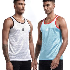 AIMPACT Men Athletic Workout Tank Tops Mesh Quick Dry Fitness Running Gym Muscle Sleeveless Shirts WhiteBlue L