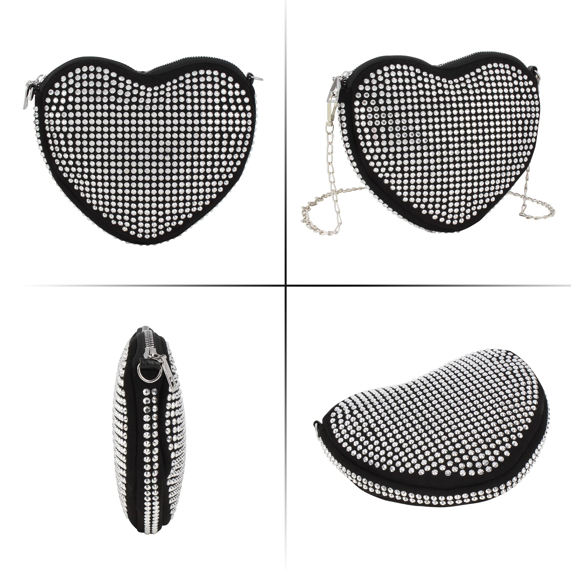 Women's Small Rivets Cross Body Heart Shape Satchel Purse Handbag Fashion Shoulder Chain Bag, Black