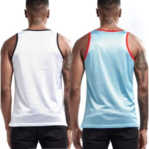 AIMPACT Men Athletic Workout Tank Tops Mesh Quick Dry Fitness Running Gym Muscle Sleeveless Shirts WhiteBlue L