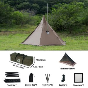 Camping Hot Tent Tipi Tent, POMOLY Hussar Plus 2.0 Stove Tent with Stove Jack and Half Inner Tent for 2-3 Person Hiking, Backpacking