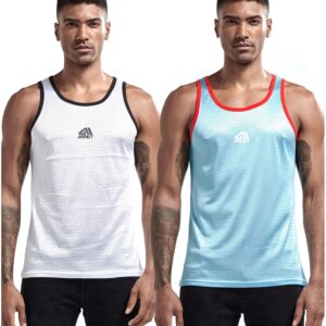 AIMPACT Men Athletic Workout Tank Tops Mesh Quick Dry Fitness Running Gym Muscle Sleeveless Shirts WhiteBlue L