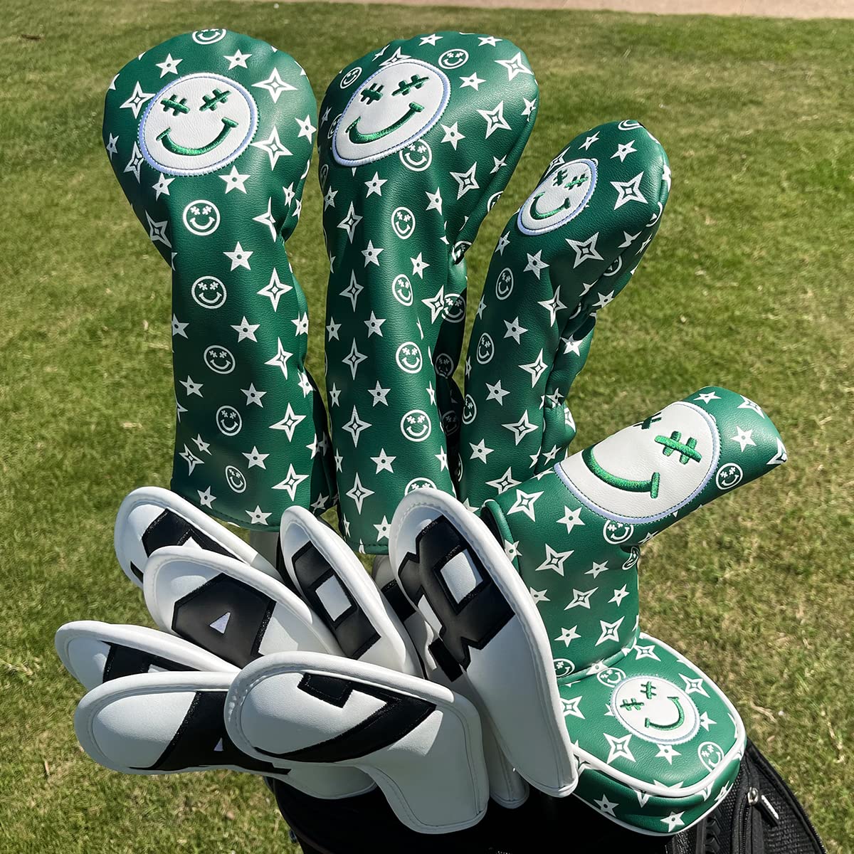 Stars and Smiles Golf Driver Headcover, Green Leather Golf Club Covers for Driver,460cc Golf Driver Cover Head Cover fits for All Brand