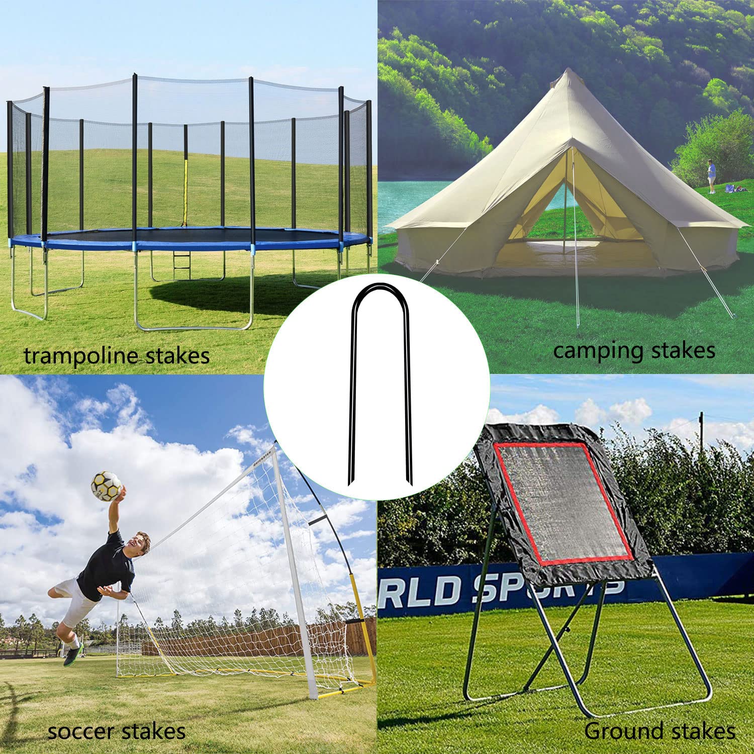 Heavy Duty Trampoline Stakes Anchors High Wind Stakes U- Shaped Sharp Ends Ground Anchor Galvanized Steel 11.8inch Safety Stakes for Soccer, Tents and Garden Decorations (Black 8pcs)