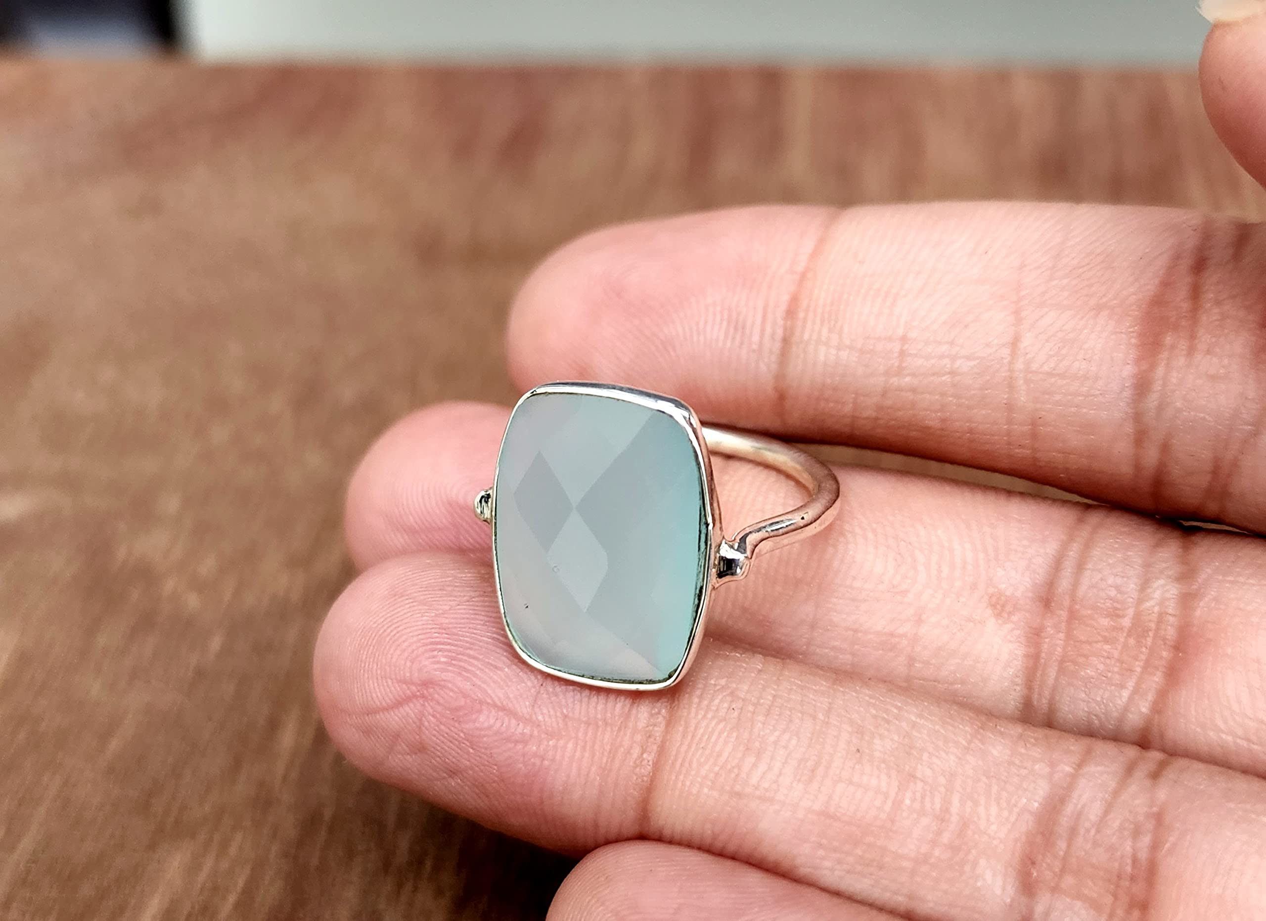 Aqua Chalcedony Ring 925 Solid Sterling Silver, Boho Statement Ring, Summer Gifts Ring, Bohemian Ring for Women, Rectangle Shape Ring All US Ring Size (12)