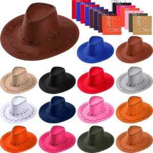 15 pieces western cowboy hat cowboy costume hat with 15 pieces paisley bandanna cowgirl cap cowgirl costume accessories bulk for adult fancy dress party supplies (retro style, multicolor)