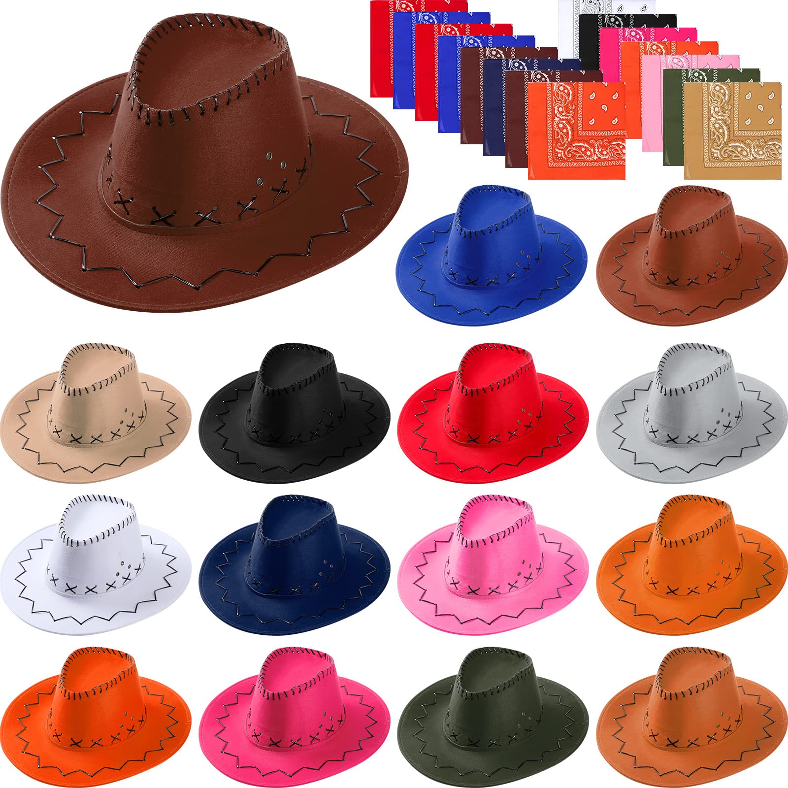 15 Pieces Western Cowboy Hat Cowboy Costume Hat with 15 Pieces Paisley Bandanna Cowgirl Cap Cowgirl Costume Accessories Bulk for Adult Fancy Dress Party Supplies (Retro Style, Multicolor)