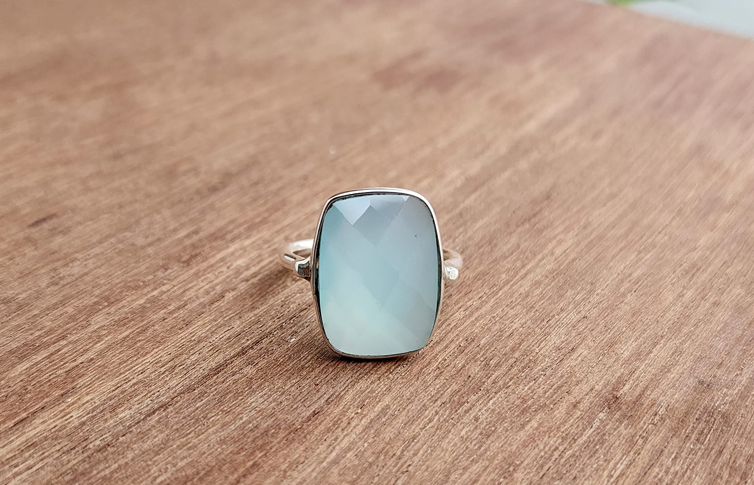 Aqua Chalcedony Ring 925 Solid Sterling Silver, Boho Statement Ring, Summer Gifts Ring, Bohemian Ring for Women, Rectangle Shape Ring All US Ring Size (12)