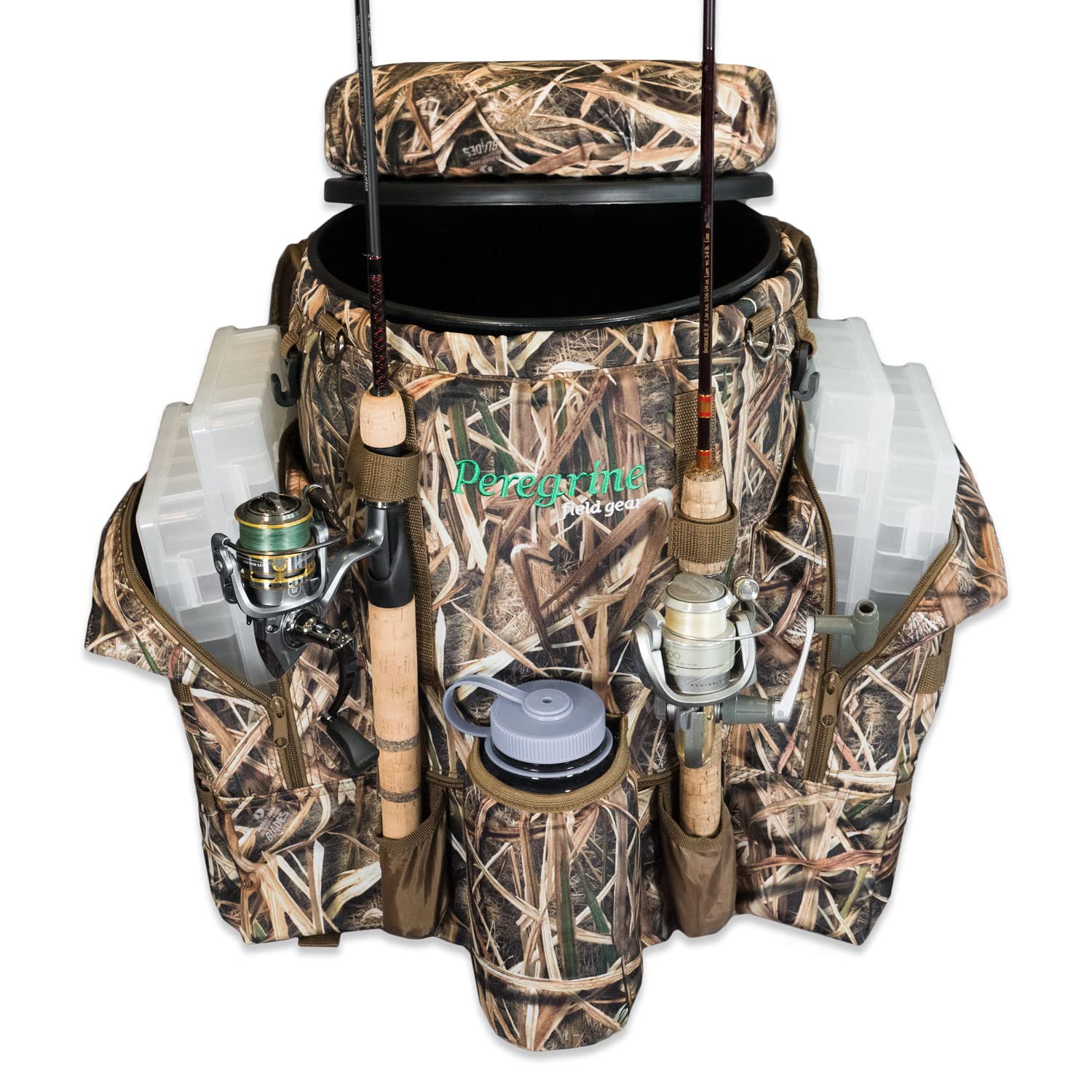 Peregrine Field Gear Insulated Organized Venture Bucket & Backpack Seat for Fishing/Hunting with Shadow Grass Blades Camouflage - 6 Gallon