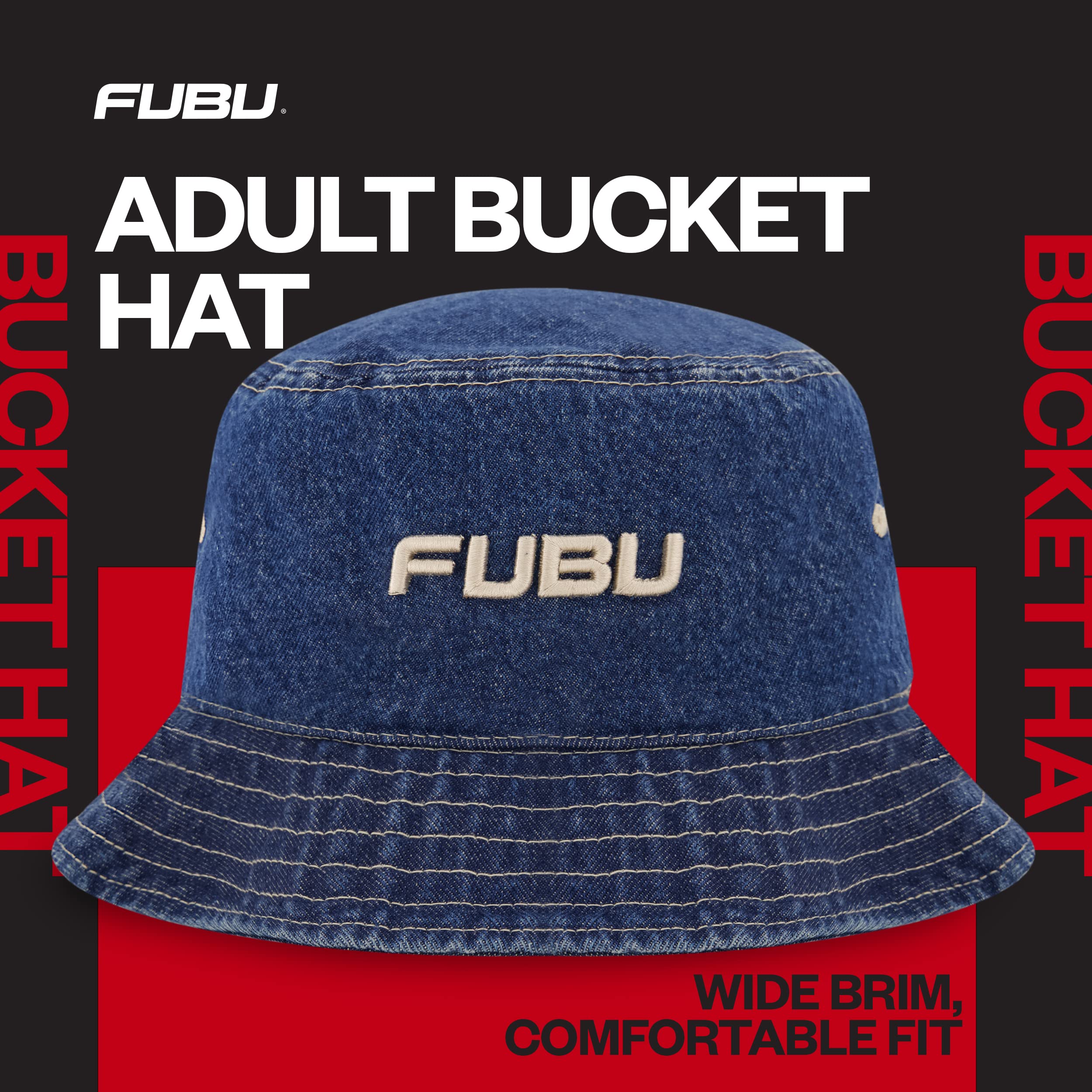 FUBU Bucket, Denim Style Cotton Packable Travel Hat with 3D Embroidered Logo, One Size