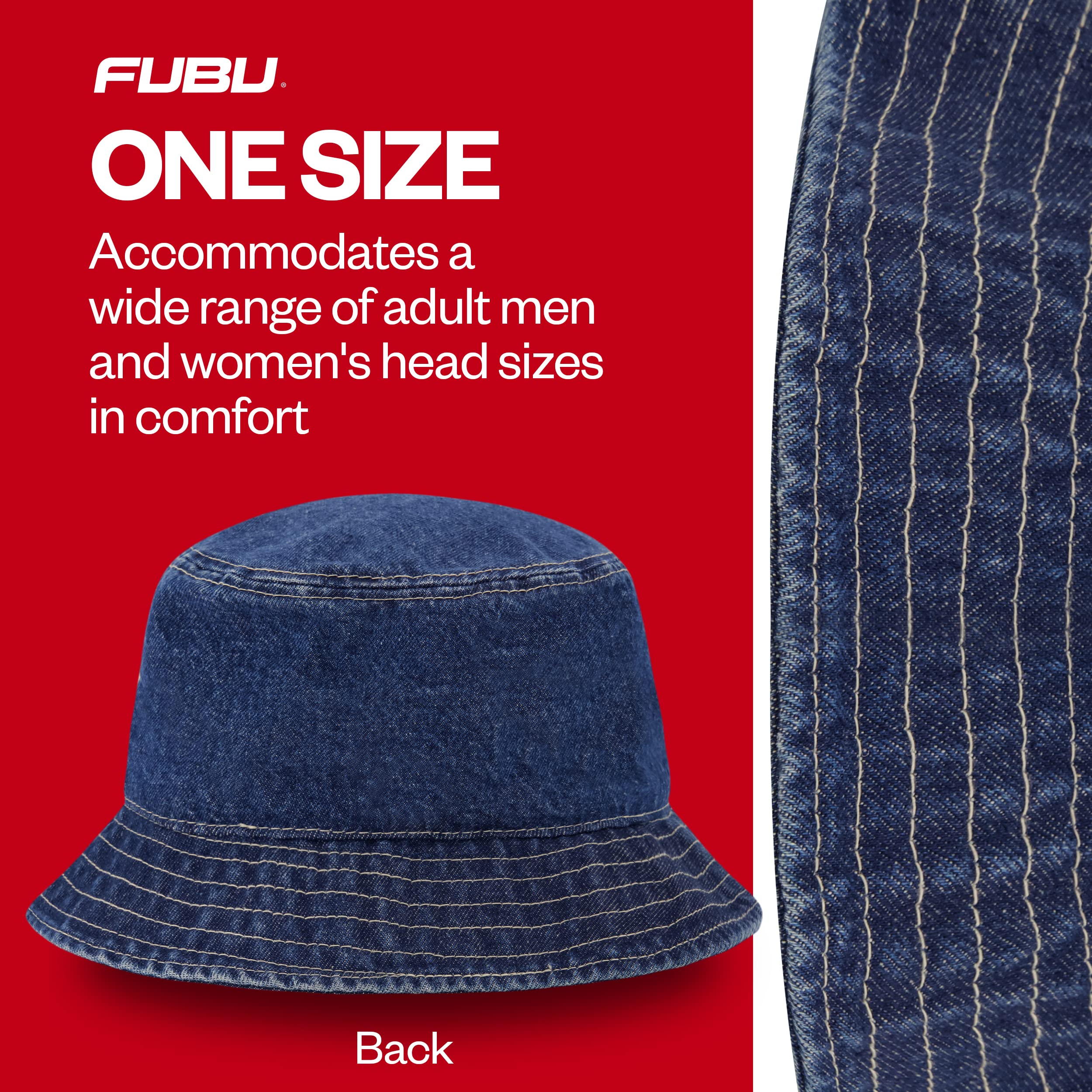 FUBU Bucket, Denim Style Cotton Packable Travel Hat with 3D Embroidered Logo, One Size