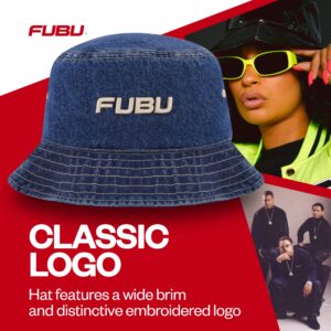 FUBU Bucket, Denim Style Cotton Packable Travel Hat with 3D Embroidered Logo, One Size