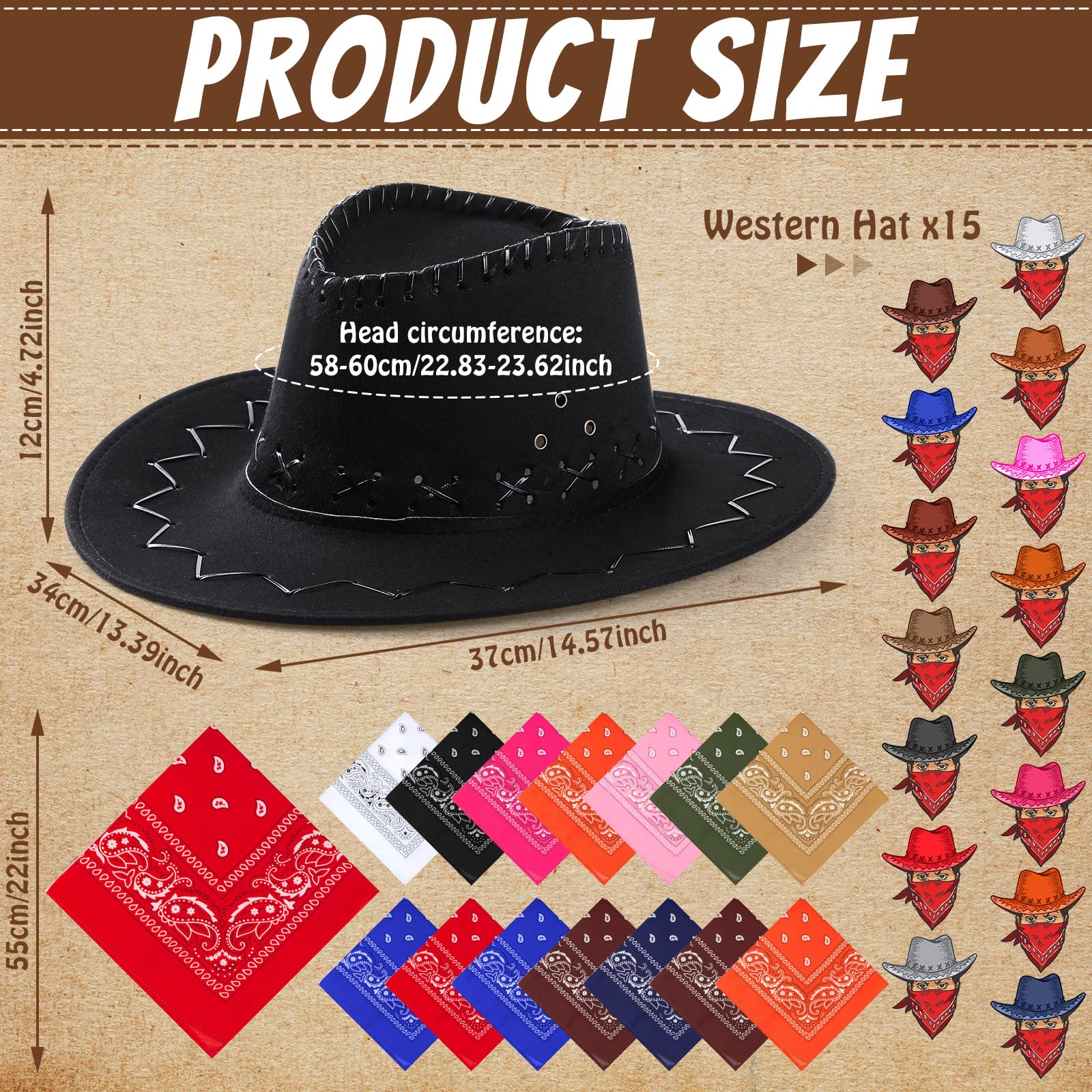 15 Pieces Western Cowboy Hat Cowboy Costume Hat with 15 Pieces Paisley Bandanna Cowgirl Cap Cowgirl Costume Accessories Bulk for Adult Fancy Dress Party Supplies (Retro Style, Multicolor)