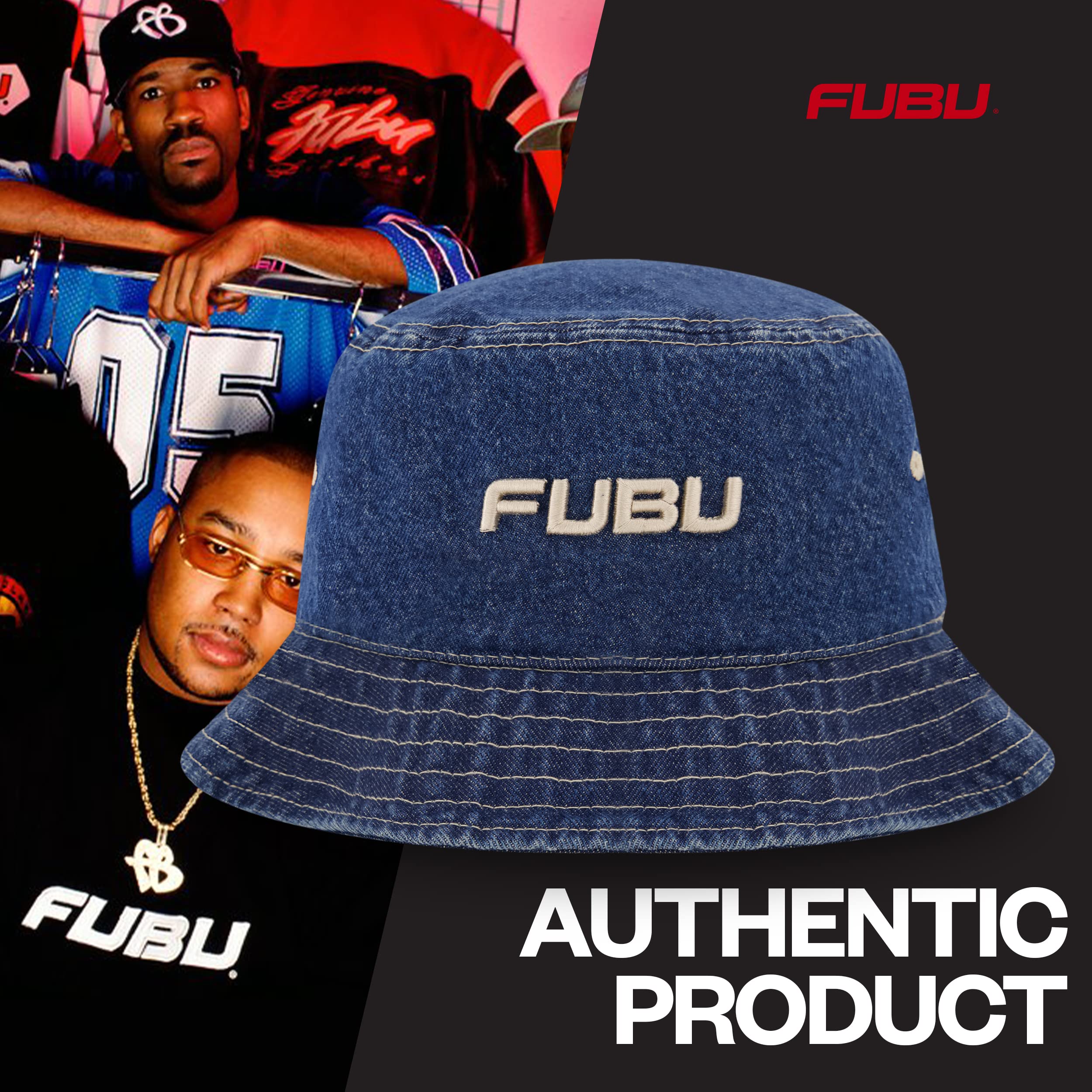 FUBU Bucket, Denim Style Cotton Packable Travel Hat with 3D Embroidered Logo, One Size