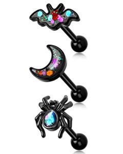 melighting black helix earrings 16g spider cartilage earrings surgical steel 316l halloween bat tragus piercing jewelry moon helix stud piercing jewelry for women men