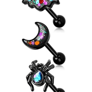 Melighting Black Helix Earrings 16G Spider Cartilage Earrings Surgical Steel 316L Halloween Bat Tragus Piercing Jewelry Moon Helix Stud Piercing Jewelry for Women Men