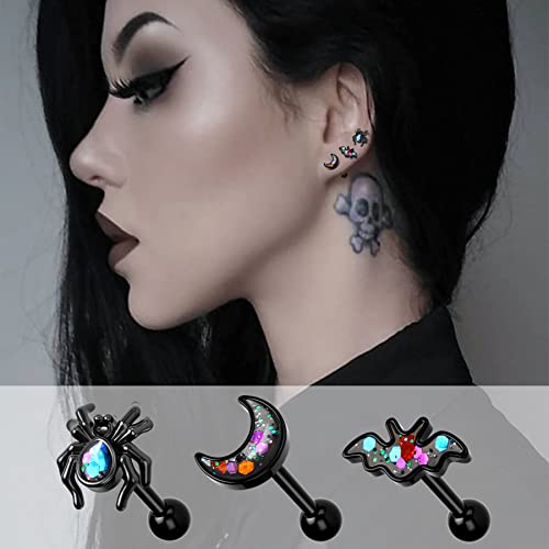 Melighting Black Helix Earrings 16G Spider Cartilage Earrings Surgical Steel 316L Halloween Bat Tragus Piercing Jewelry Moon Helix Stud Piercing Jewelry for Women Men