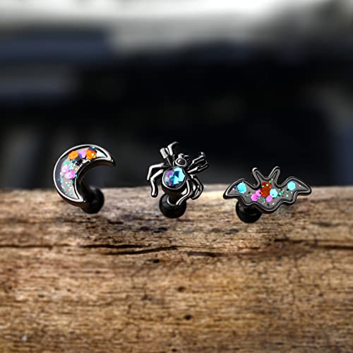 Melighting Black Helix Earrings 16G Spider Cartilage Earrings Surgical Steel 316L Halloween Bat Tragus Piercing Jewelry Moon Helix Stud Piercing Jewelry for Women Men