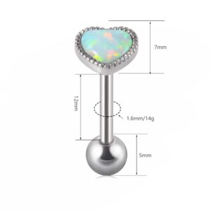 CHUANCI 1PC Anti-Allergy Surgical Steel Opal Tongue Rings For Women Heart Shape Opal Tongue Barbell Piercing Jewelry 14g (14G-14mm Bar Length-7mm Opal Size, White Opal)