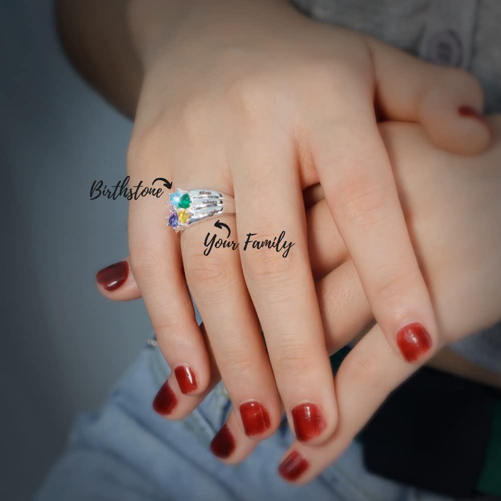 AGISLONE Custom Name Ring for Women Personalized Mom Family Rings with Heart Birthstones for Mother Grandmother Wife (4 stone)