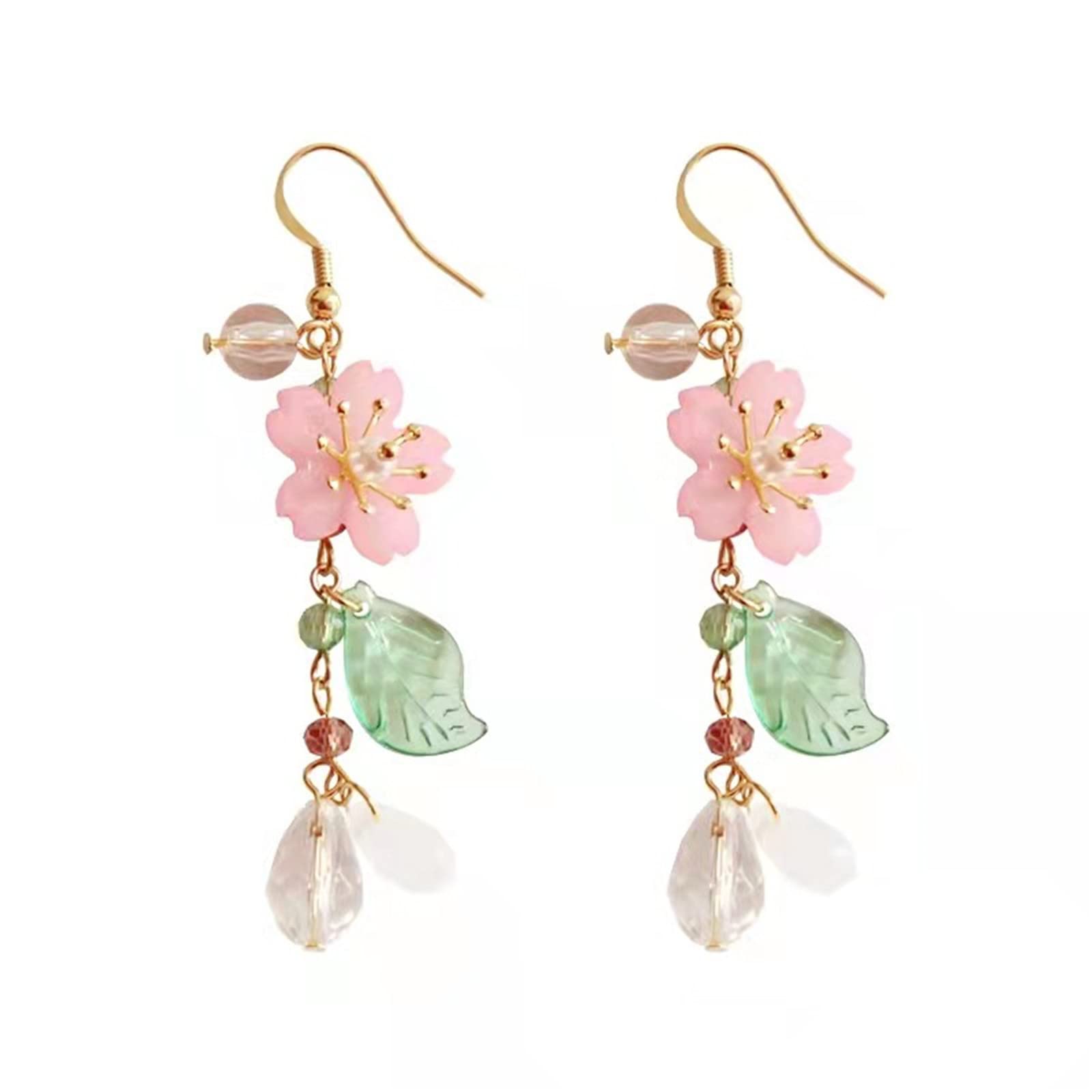 Korean Fashion Resin Sakura Leaf Drop Earring Cute Cherry Blossom Flower Petal Tassel Dangle Earring for Women Statement Holiday Party Jewelry-A cherry blossom