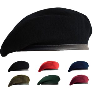 Gajaous British Military Berets for Men and Women,Wool and Leather Beret Hats,Multiple Colours Army Beret (Black,Red,Green,Navy Blue,Dark Green,Wine Red)