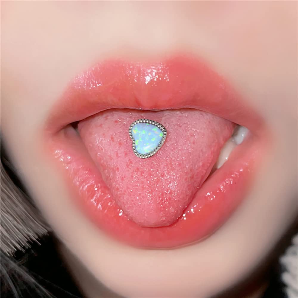 CHUANCI 1PC Anti-Allergy Surgical Steel Opal Tongue Rings For Women Heart Shape Opal Tongue Barbell Piercing Jewelry 14g (14G-14mm Bar Length-7mm Opal Size, White Opal)