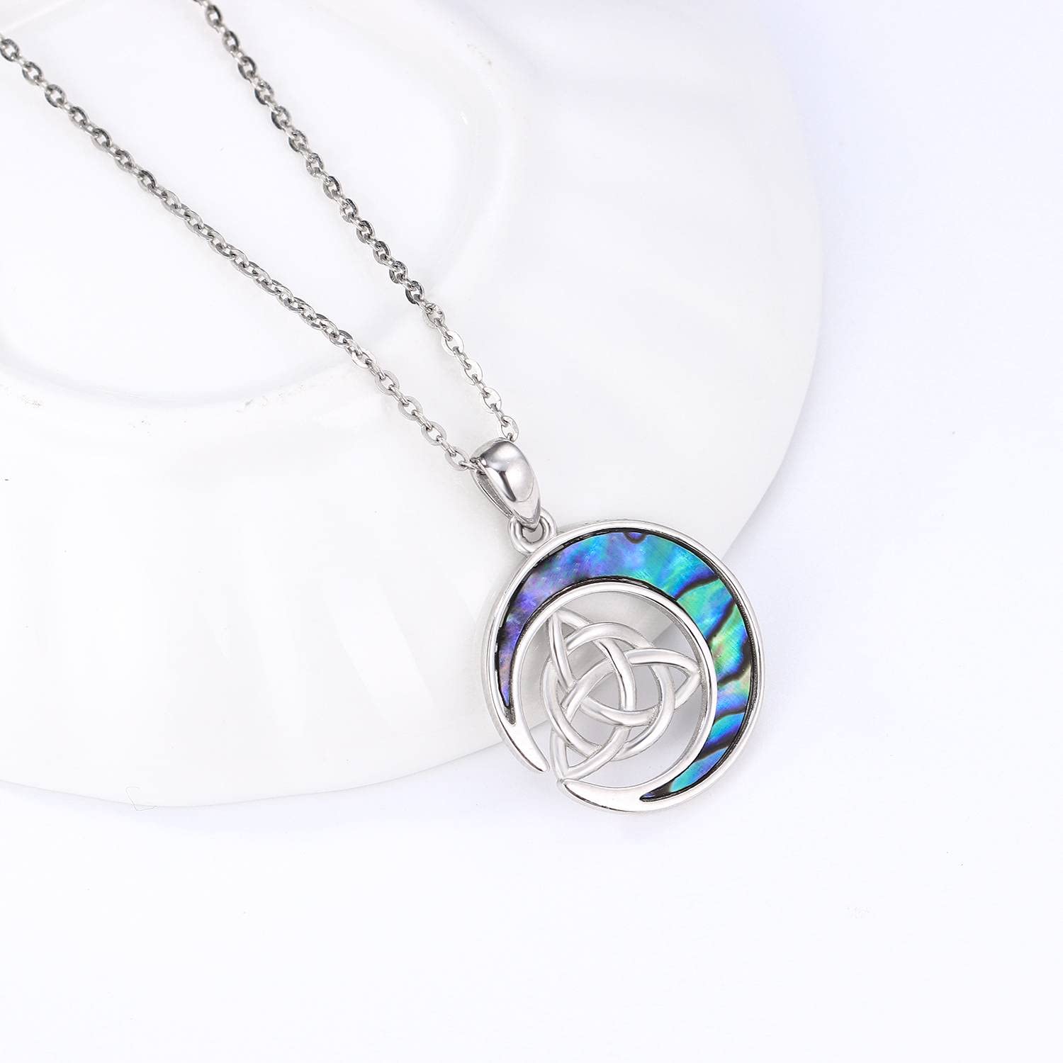 Odinstone Celtic Moon Necklace 925 Sterling Silver Good Luck Irish Jewelry Celtic Abalone Shell Pendant Necklace Witch Jewelry Charm