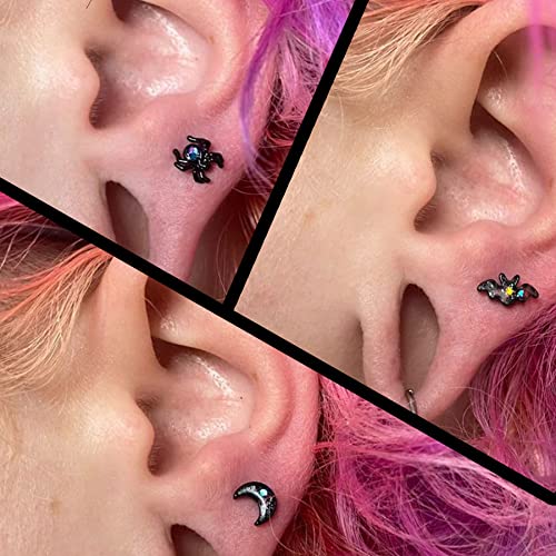 Melighting Black Helix Earrings 16G Spider Cartilage Earrings Surgical Steel 316L Halloween Bat Tragus Piercing Jewelry Moon Helix Stud Piercing Jewelry for Women Men