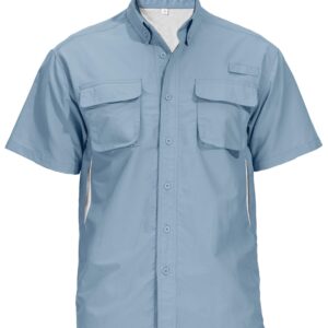 mosingle Men's Fishing Shirts with Zipper Pockets UPF50 Sun Protection Safari Cool Short Sleeve Button Down Shirts Hiking(5018,Blue-L)