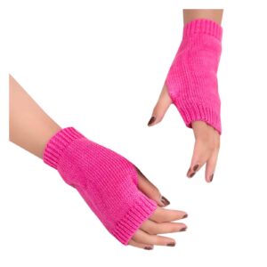 fingerless knitted gloves for women winter warm mittens wrist warmers stretchy gloves (hot pink, one size)