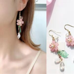 Korean Fashion Resin Sakura Leaf Drop Earring Cute Cherry Blossom Flower Petal Tassel Dangle Earring for Women Statement Holiday Party Jewelry-A cherry blossom