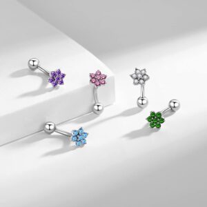 FLYUN CZ Flower Belly Button Ring, 316l Surgical Steel Belly Ring, Reverse Navel Ring, Dainty Small Belly Rings, Belly Piercing Belly Jewelry (8MM, 3PCS-Silver-Clear&Pink&Purple)