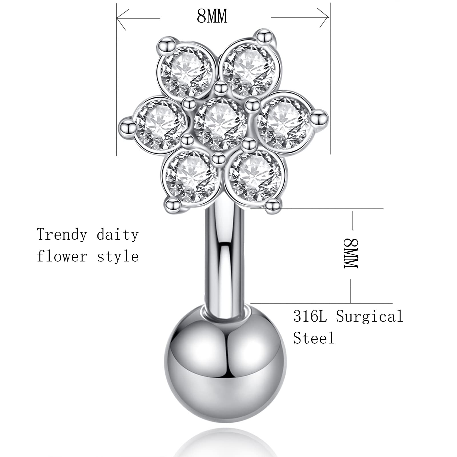 FLYUN CZ Flower Belly Button Ring, 316l Surgical Steel Belly Ring, Reverse Navel Ring, Dainty Small Belly Rings, Belly Piercing Belly Jewelry (8MM, 3PCS-Silver-Clear&Pink&Purple)