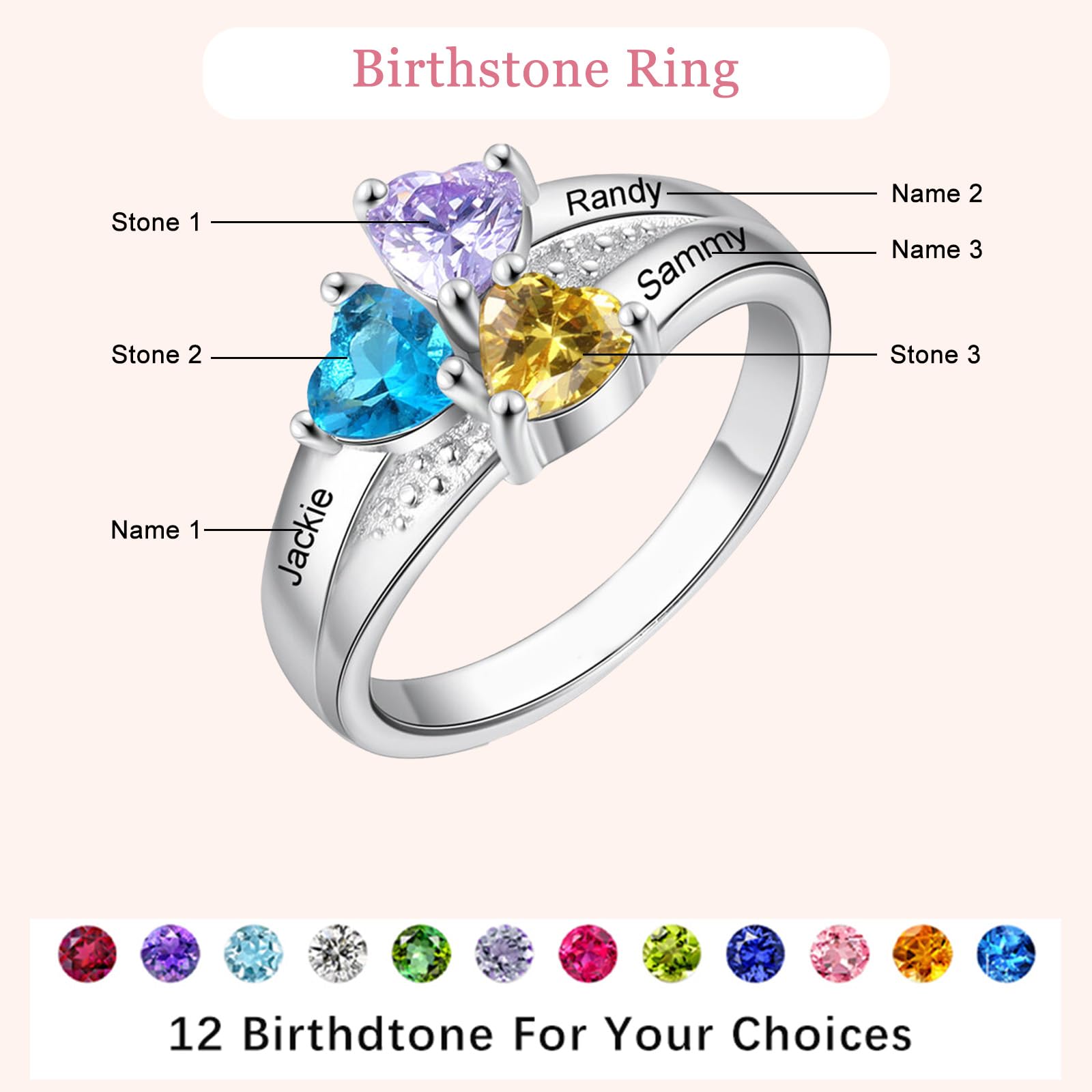 AGISLONE Custom Name Ring for Women Personalized Mom Family Rings with Heart Birthstones for Mother Grandmother Wife (4 stone)