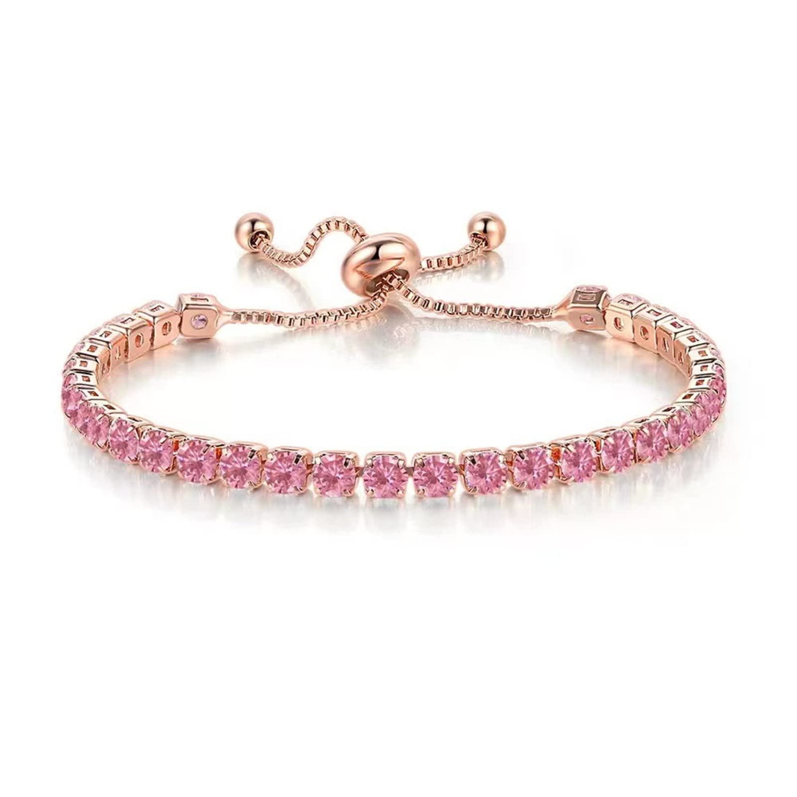 Tennis Chain Rhinestone Beads Slider Bracelet 14K Gold Silver Plated Adjustable Crystal Seed Bracelet for Women Wedding Party Geometric Jewelry Gift-I pink