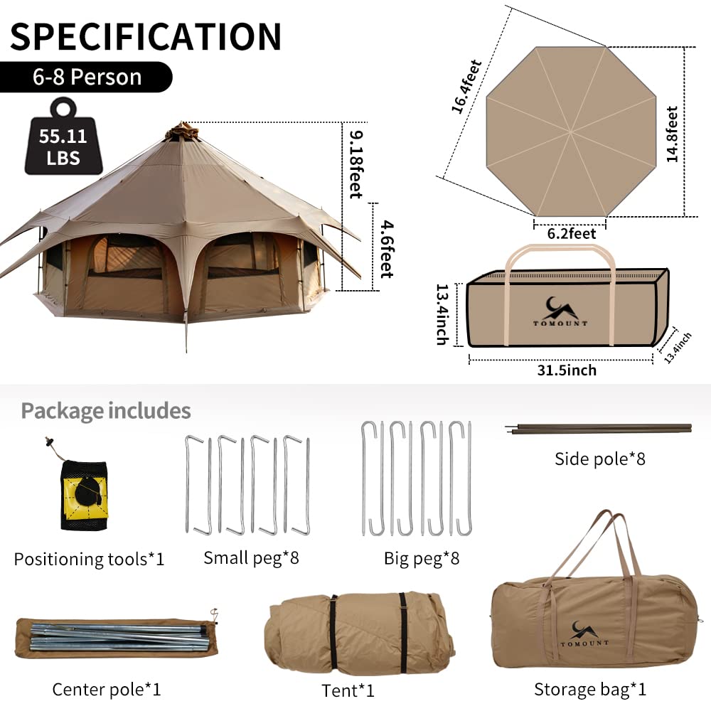 MC TOMOUNT Canvas Tent Bell Tent 16.4ft*High9.2ft with Stove Jack for Glamping Family Camping Zipped Removable Floor