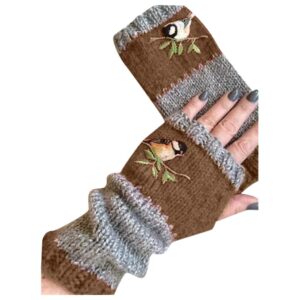 Embroidery Knitted Fingerless Gloves for Women Winter Warm Mittens for Cold Weather (Coffee, One Size)