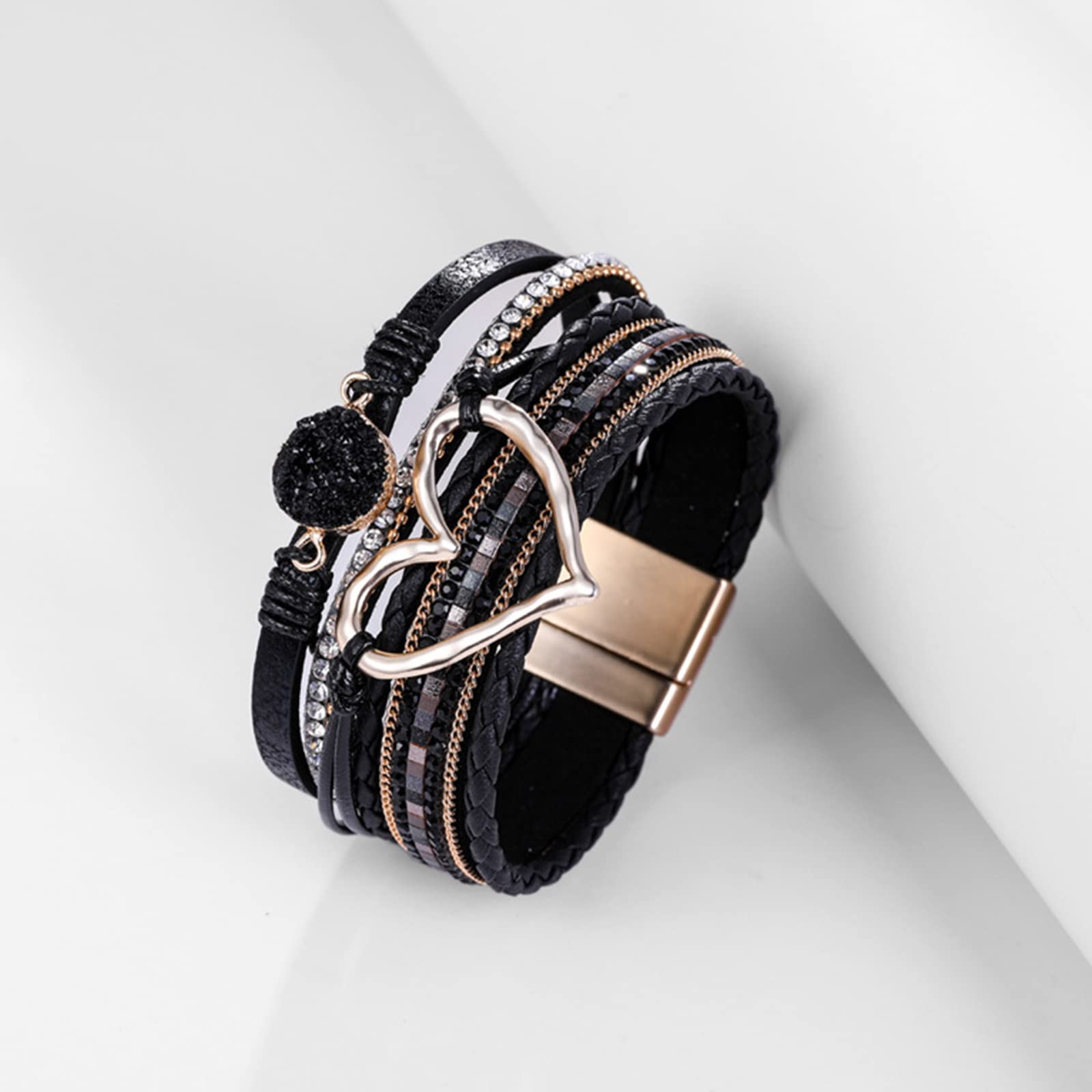 Multilayer Leather Wrap Bracelet for Women Black Leather Cuff Bracelet Western Boho Bracelet with Clasp Rhinestone Leather Bracelets Jewelry for Women Trendy Stocking Stuffers