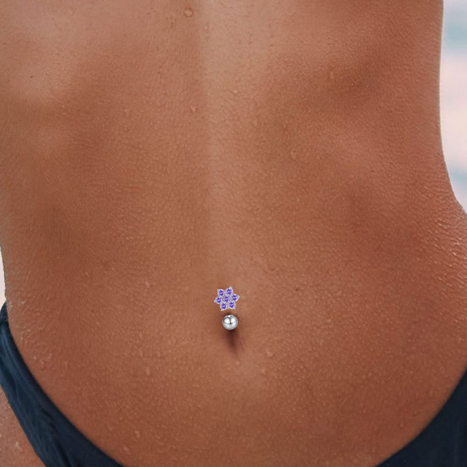 FLYUN CZ Flower Belly Button Ring, 316l Surgical Steel Belly Ring, Reverse Navel Ring, Dainty Small Belly Rings, Belly Piercing Belly Jewelry (8MM, 3PCS-Silver-Clear&Pink&Purple)