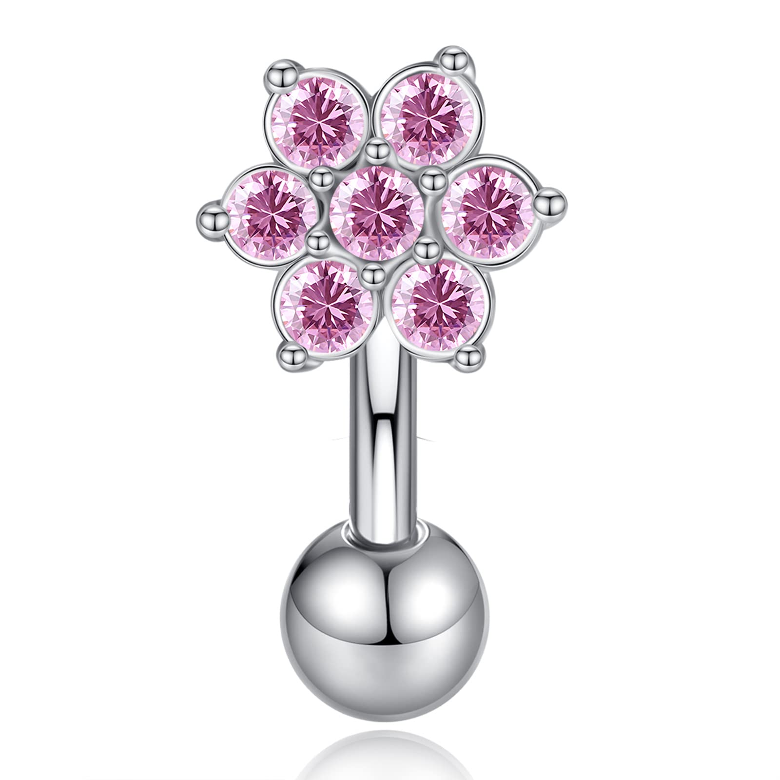 FLYUN CZ Flower Belly Button Ring, 316l Surgical Steel Belly Ring, Reverse Navel Ring, Dainty Small Belly Rings, Belly Piercing Belly Jewelry (8MM, 3PCS-Silver-Clear&Pink&Purple)