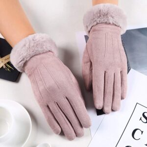 Women Suede Gloves Winter Keep Warm Mittens Full Finger Fleece Lined Gloves for Cold Weather (Pink, One Size)