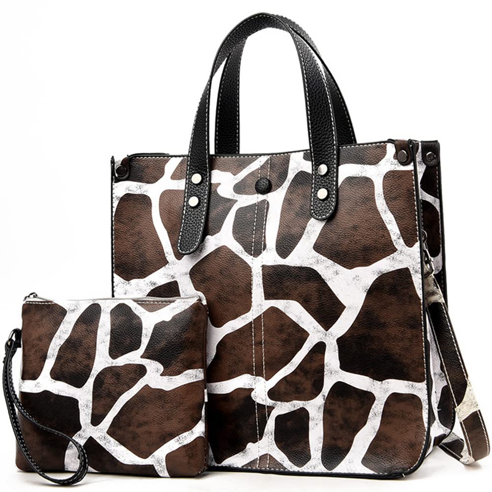 Leopard Print Tote Bag Women Animal Print PU Leather Handbags Ladies Shoulder Bags Totes Purse Clutch Wallet Satchel Style Handbags 2 PCS Set-Deer pattern