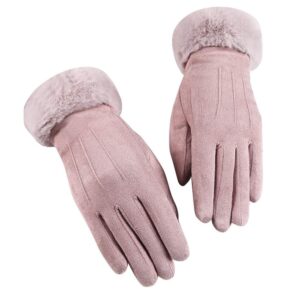 women suede gloves winter keep warm mittens full finger fleece lined gloves for cold weather (pink, one size)