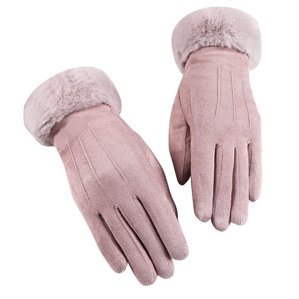 Women Suede Gloves Winter Keep Warm Mittens Full Finger Fleece Lined Gloves for Cold Weather (Pink, One Size)