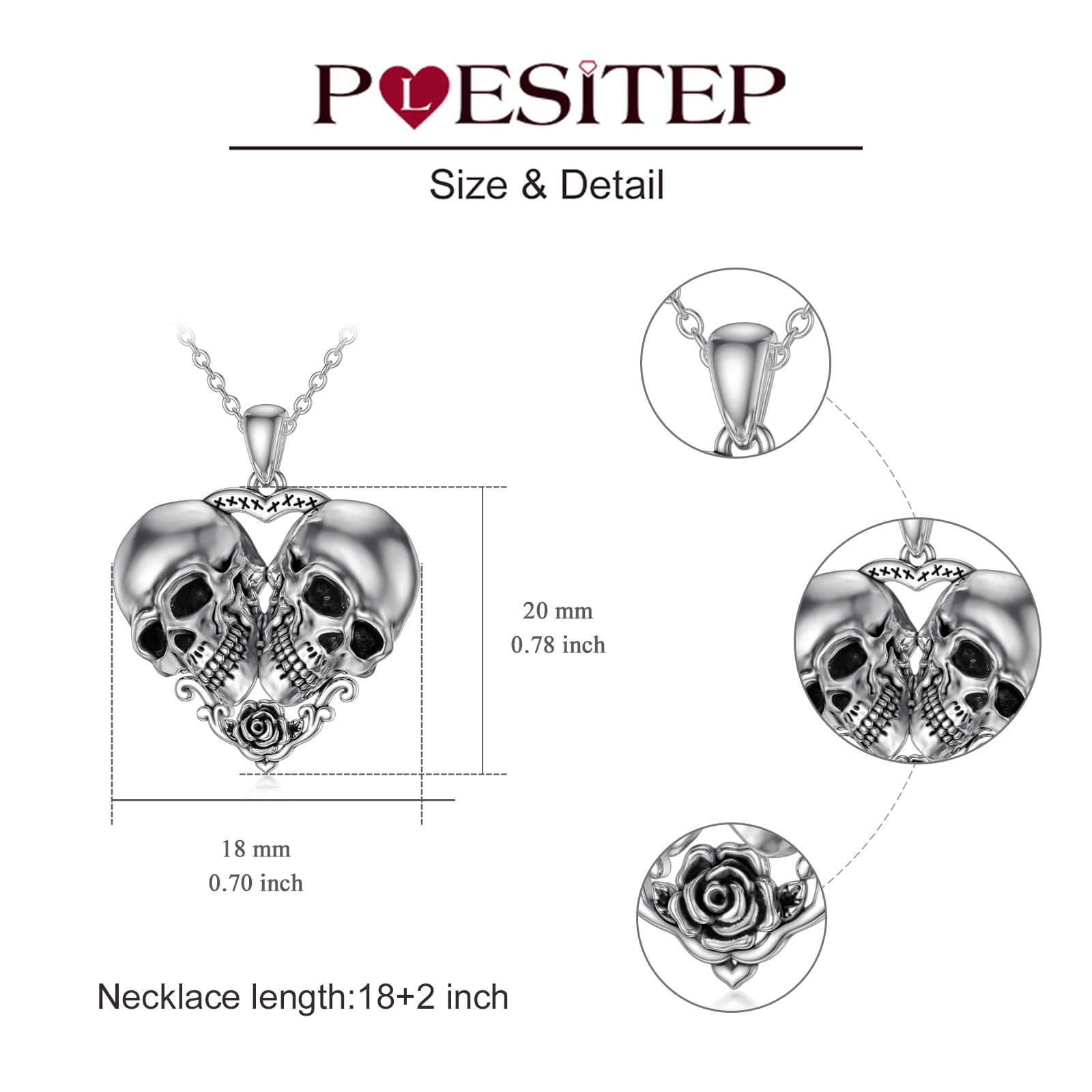 Plesitep Skull Necklace Sterling Silver Skull Pendant Necklace Gothic Jewelry for Women Halloween